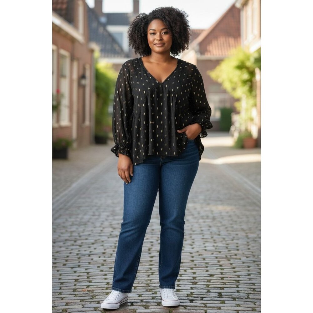 Entro Womens M Black Gold Long-Sleeve V-Neck Top Blouse Lightweight Semi-Sheer